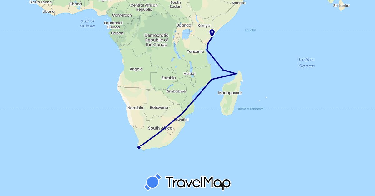 TravelMap itinerary: driving in Kenya, Comoros, Madagascar, Mozambique, Tanzania, South Africa (Africa)