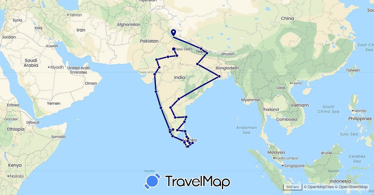 TravelMap itinerary: driving in India, Sri Lanka, Nepal (Asia)