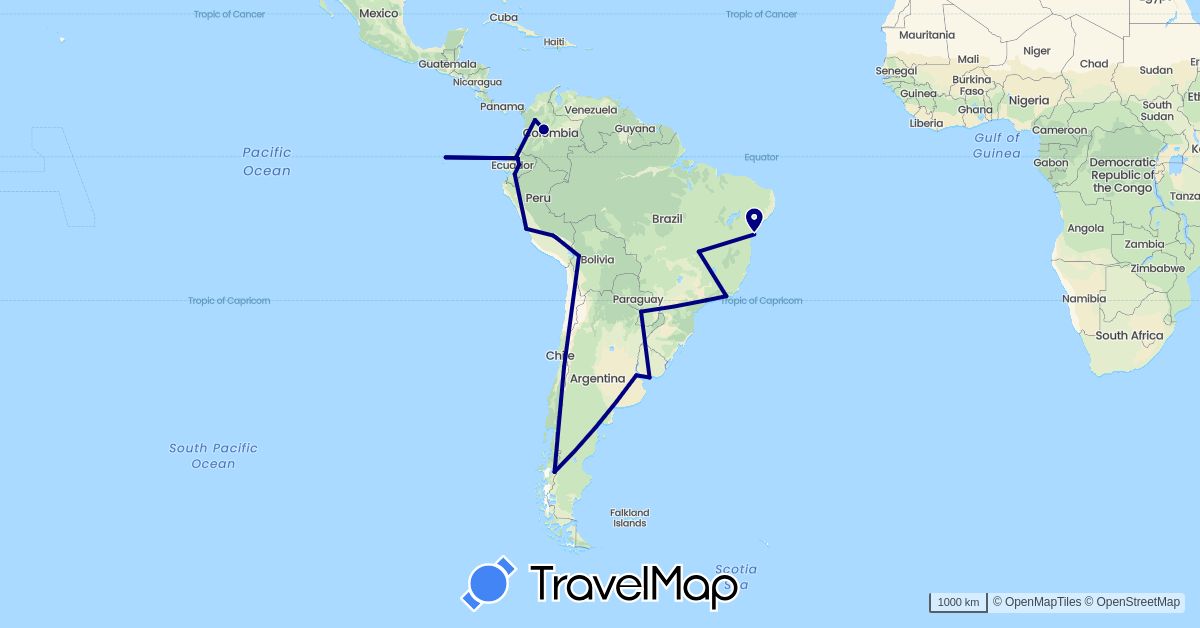 TravelMap itinerary: driving in Argentina, Bolivia, Brazil, Chile, Colombia, Ecuador, Peru, Paraguay, Uruguay (South America)
