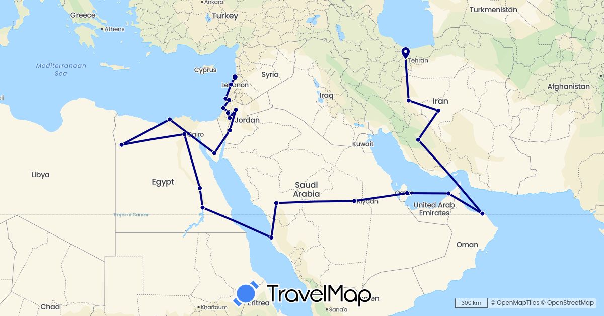 TravelMap itinerary: driving in United Arab Emirates, Egypt, Israel, Iran, Jordan, Lebanon, Oman, Palestinian Territories, Qatar, Saudi Arabia (Africa, Asia)