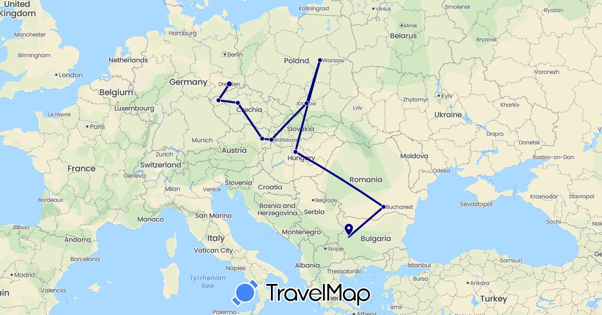 TravelMap itinerary: driving in Austria, Bulgaria, Czech Republic, Germany, Hungary, Poland, Romania, Slovakia (Europe)