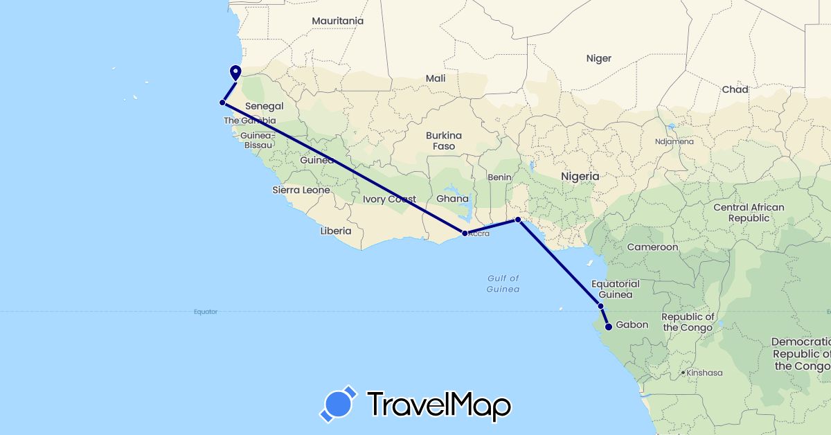 TravelMap itinerary: driving in Gabon, Ghana, Nigeria, Senegal (Africa)