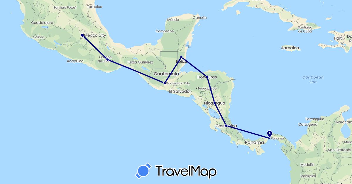 TravelMap itinerary: driving in Belize, Costa Rica, Guatemala, Honduras, Mexico, Nicaragua, Panama (North America)